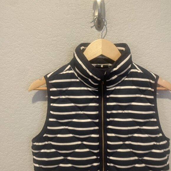 J.Crew Navy Blue White Stripe Zip Quilted Puffer Vest Down Snap Pocket Sz Xsmall - Picture 4 of 10